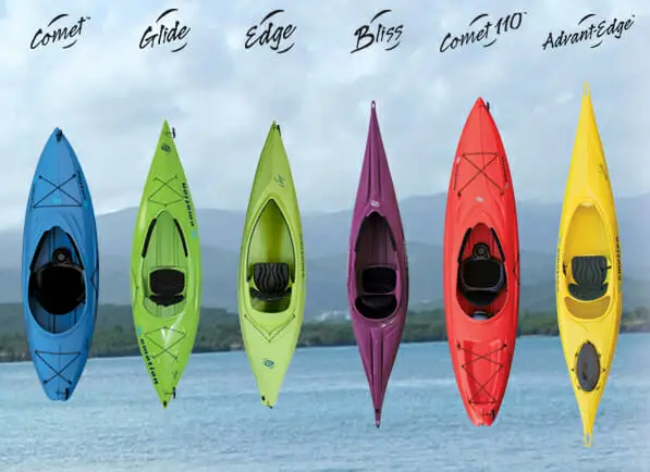 A row of colorful kayaks available for purchase in front of a body of water.