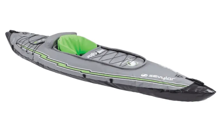 a green Sevylor Quikpak k5 kayak