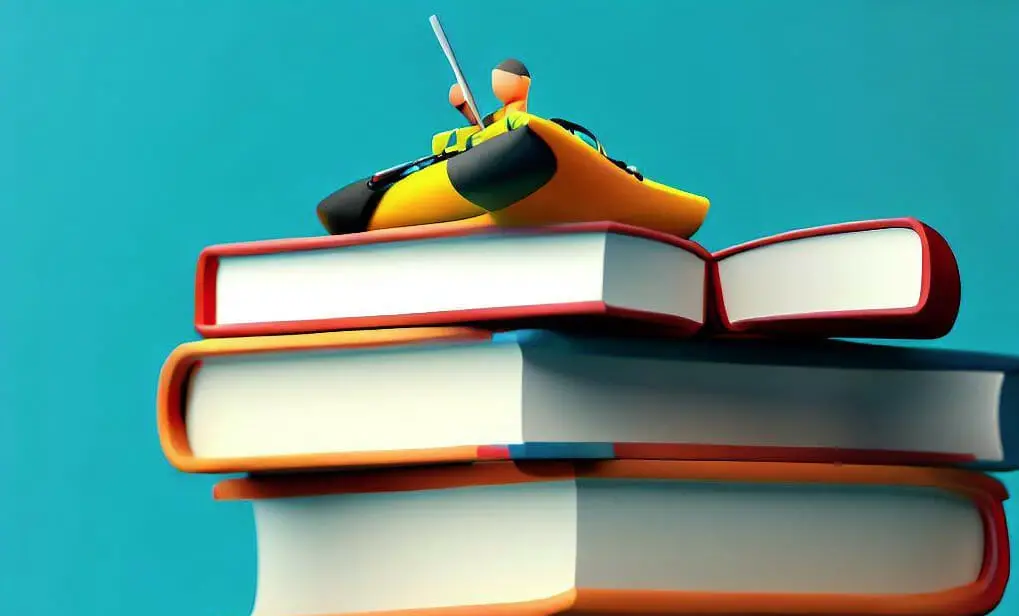 A person kayaking in a yellow boat on top of a stack of books.